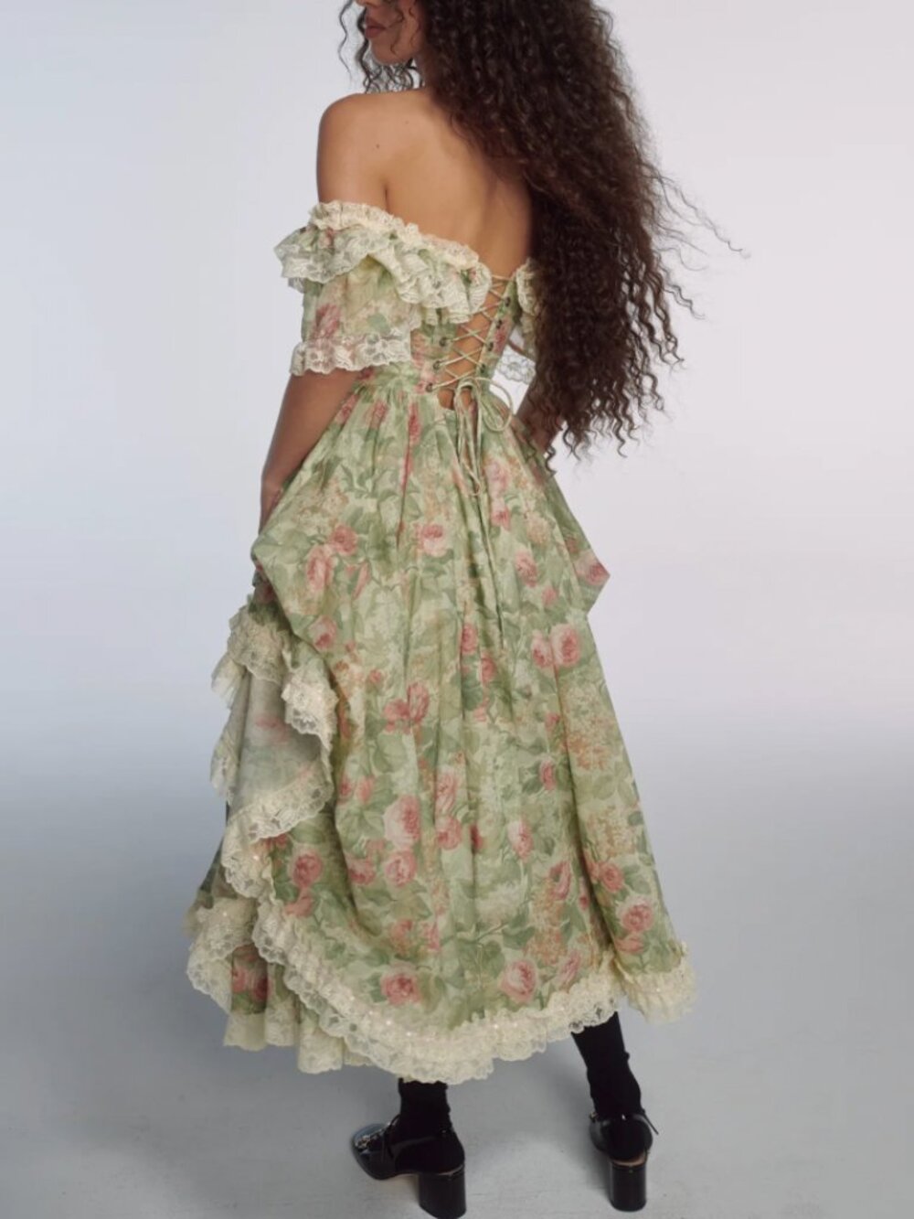 BEST Selkie The Kindred Spirit Cupid Midi Dress Green Cream Floral - Picture 3 of 13